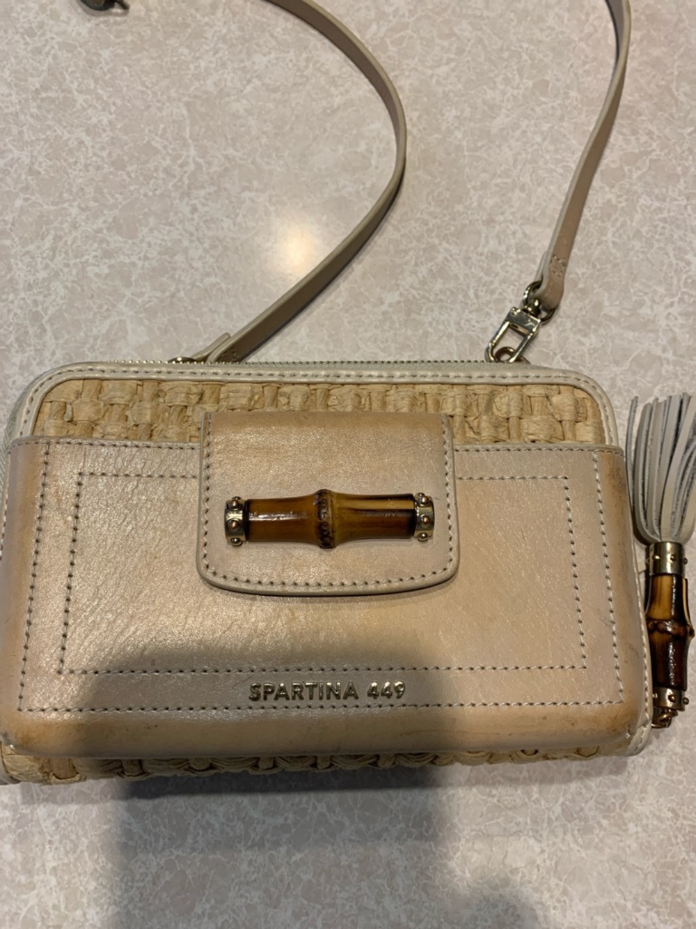Spartina 449 Neutral Beige Leather & Woven Crossbody with Bamboo Accent